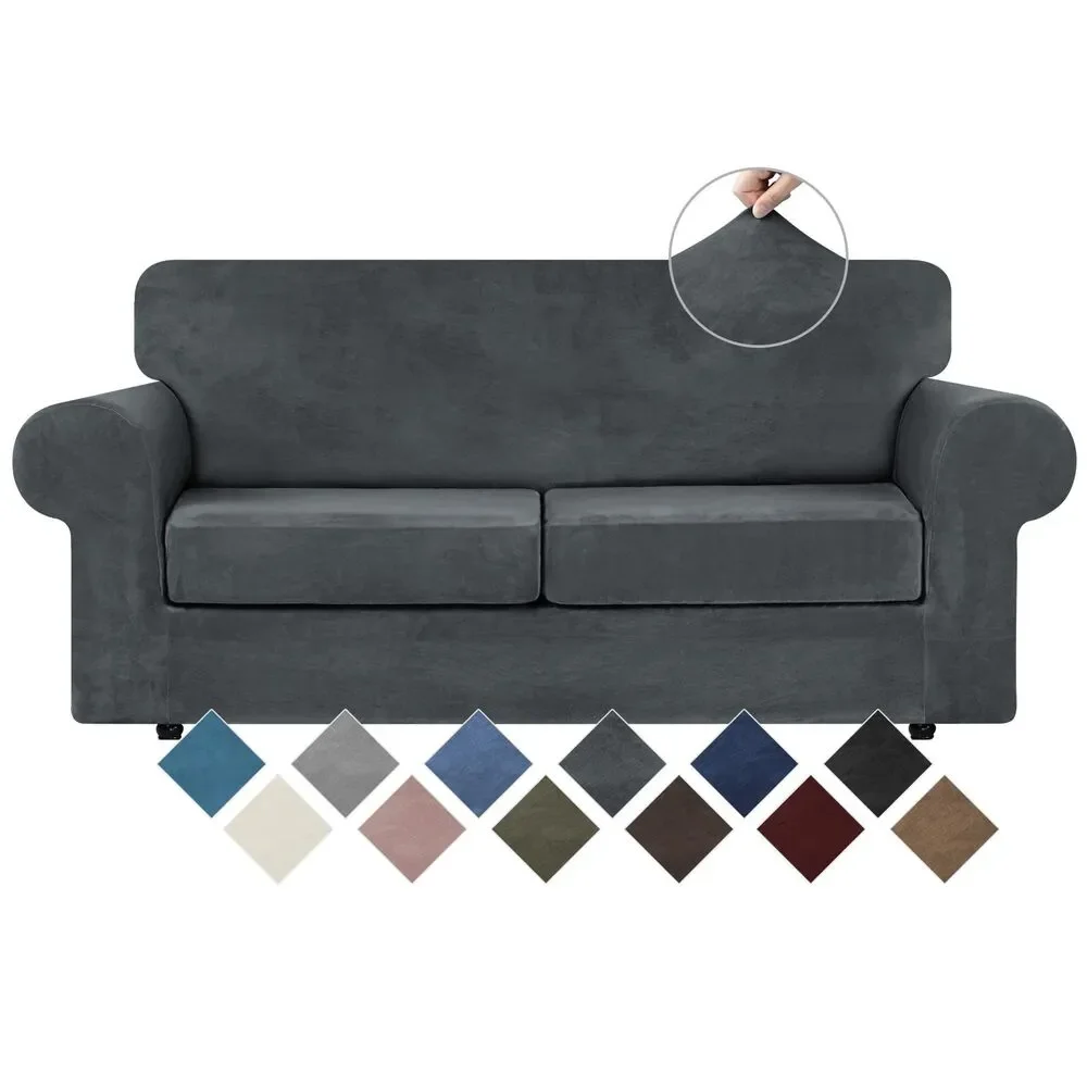 2 Cushion Loveseat Velvet Sofa Slipcover (Dark Grey, 3 Pcs)